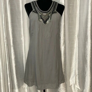 Banana Republic Women’s 4 Sleeveless Halter Beaded Gray Silk Shift Mini Dress